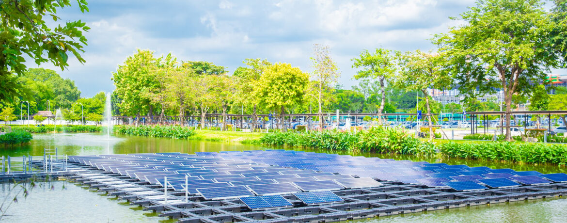 Floating solar panels platform over water lake green park renewable electricity energy technology